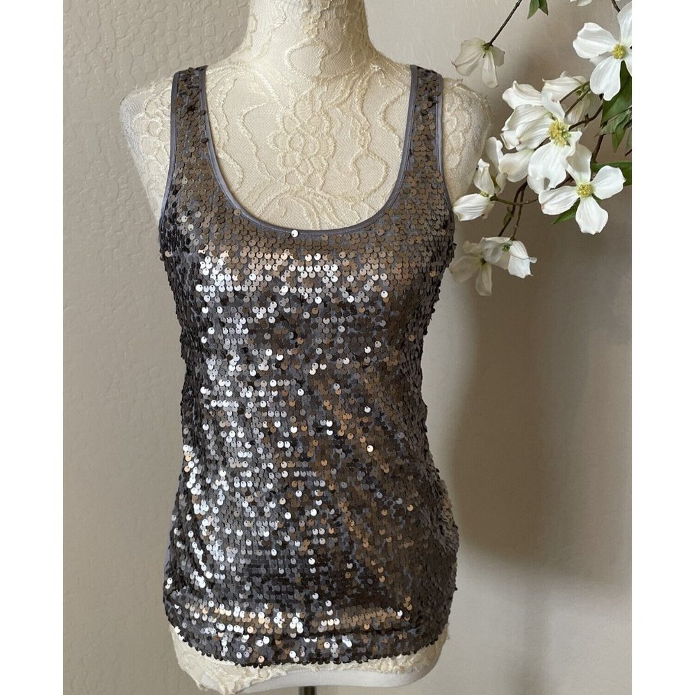 Express Womens Top Silver Sequin Gray Tank Sparkle Shimmer Party Glam Size XS